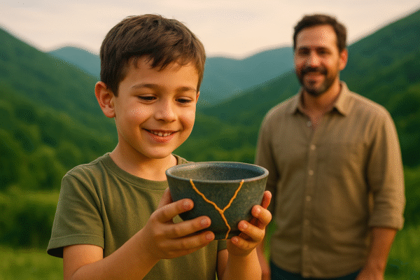 ایک بچہ ٹوٹے ہوئے برتن کو کنتسوگی گولڈ ریپئر کے ساتھ ہاتھوں میں تھام کر خوشی سے دیکھ رہا ہے، جبکہ پس منظر میں سبز پہاڑ اور مسکراتا ہوا ایک شخص نظر آ رہا ہے