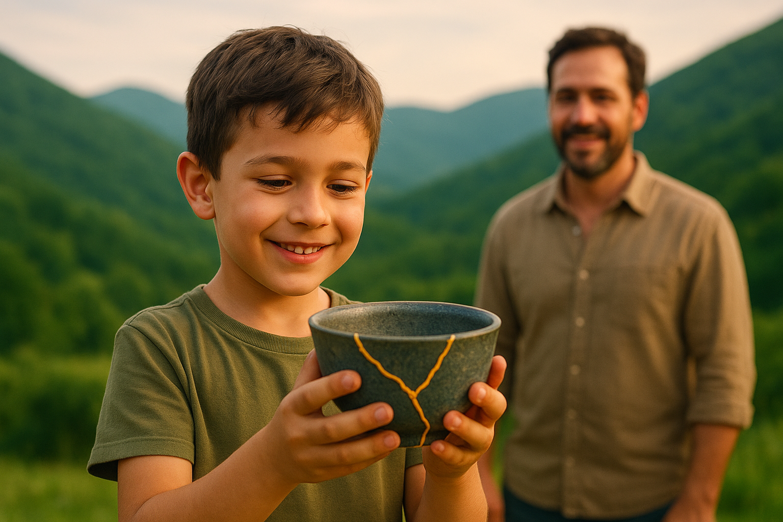 ایک بچہ ٹوٹے ہوئے برتن کو کنتسوگی گولڈ ریپئر کے ساتھ ہاتھوں میں تھام کر خوشی سے دیکھ رہا ہے، جبکہ پس منظر میں سبز پہاڑ اور مسکراتا ہوا ایک شخص نظر آ رہا ہے