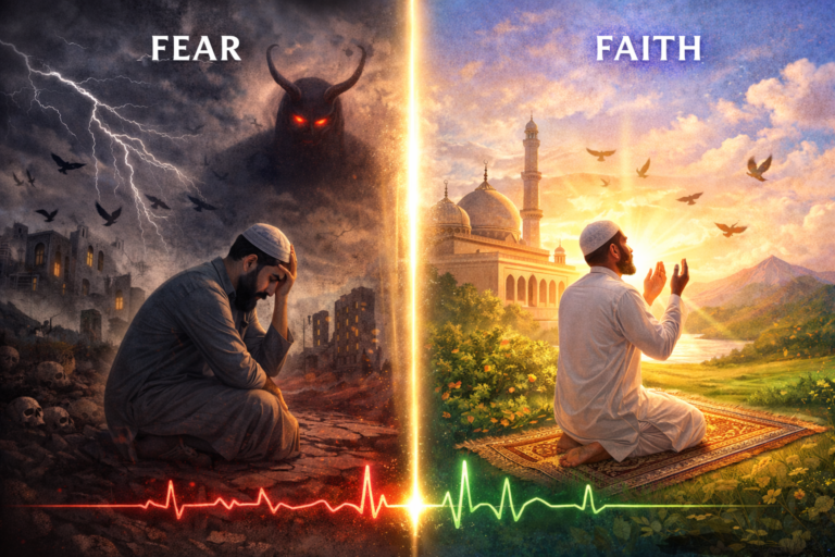 ایک تصویر جس میں دو کیفیات دکھائی گئی ہیں: ایک طرف خوف میں ڈوبا ہوا انسان جو بے یقینی اور اندیشوں میں گھرا ہے، اور دوسری طرف ایمان میں مطمئن انسان جو اللہ پر بھروسے کے ساتھ سکون اور روشنی کی طرف متوجہ ہے۔