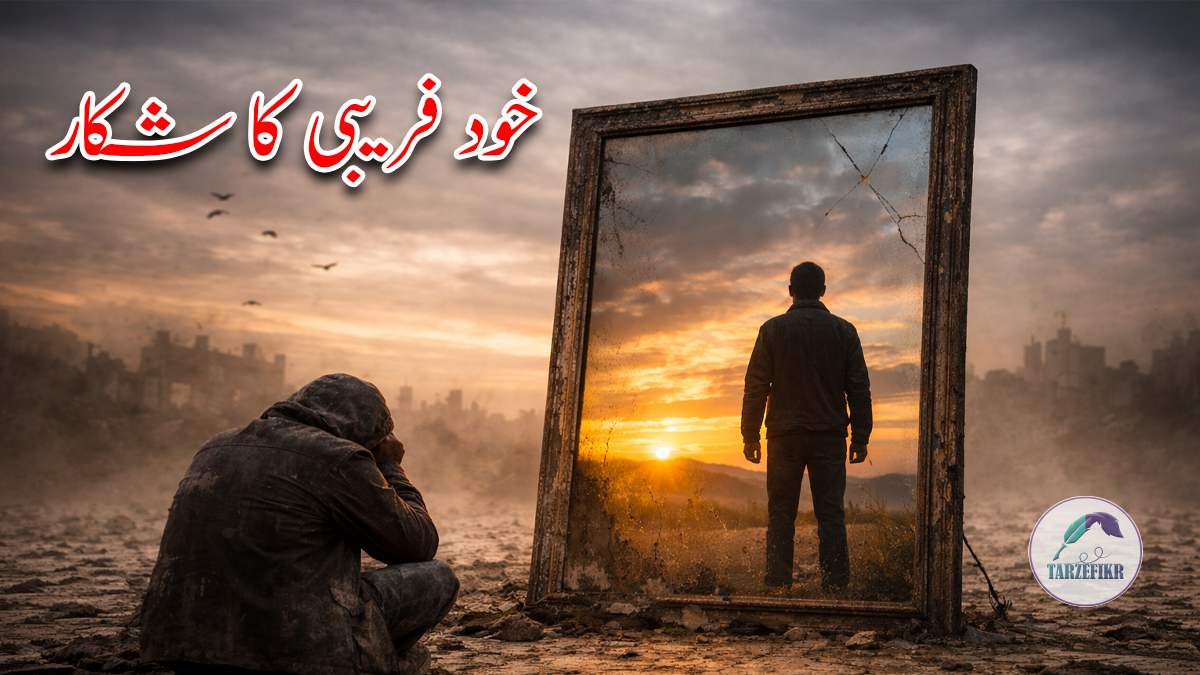 "A person standing in front of a cracked mirror with half of their reflection dark and distorted, and the other half illuminated and clear, symbolizing self-deception and self-discovery."